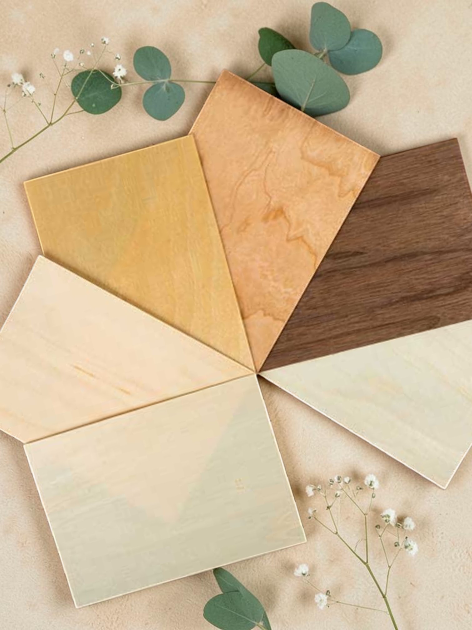 Real wood paper 5x7 2 - real wood paper Wood veneer color swatches fanned together with eucalyptus stems on a beige backdrop.